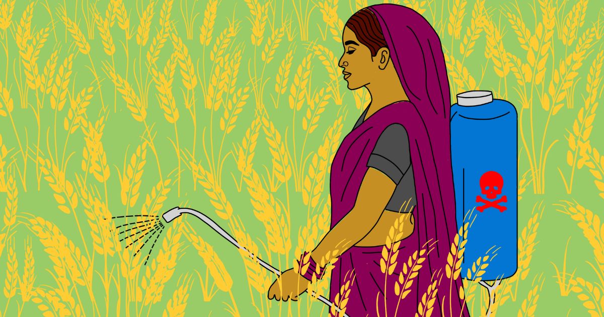 Woman farmer spraying pesticides