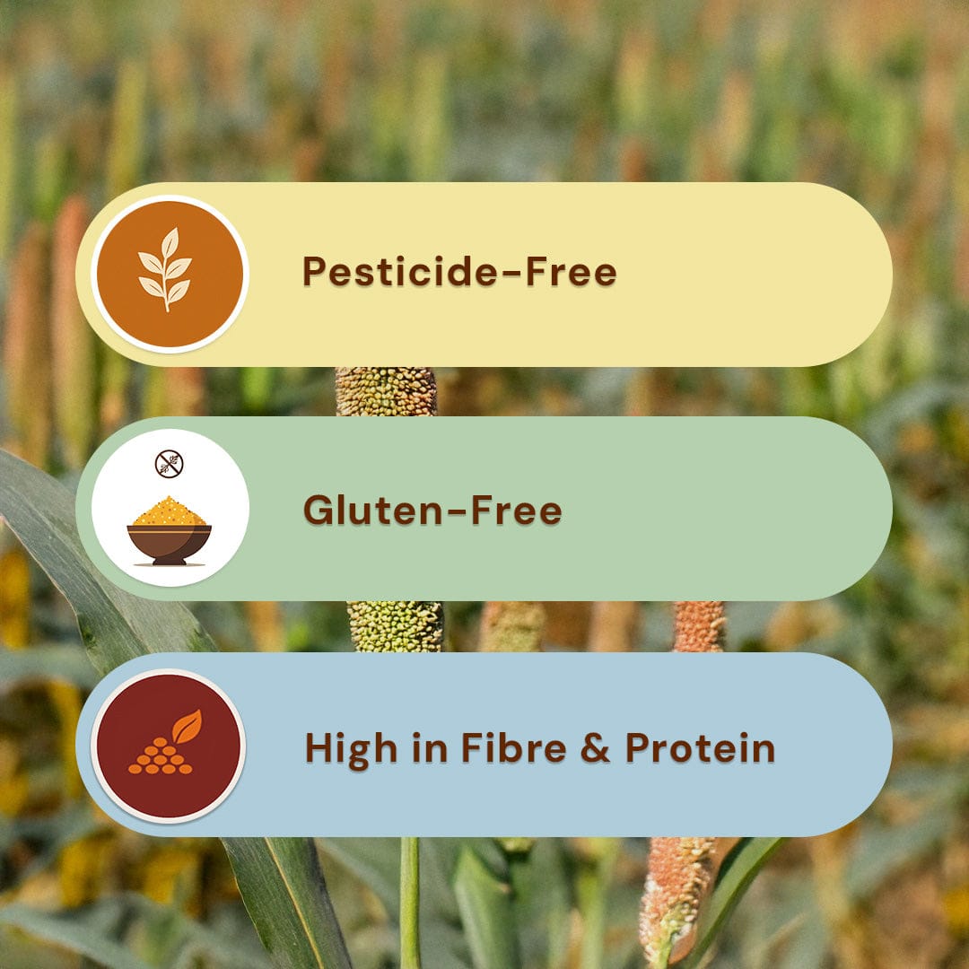 Safe Harvest Bajra Atta benefits, pesticide-free, gluten-free, high in fibre and protein.