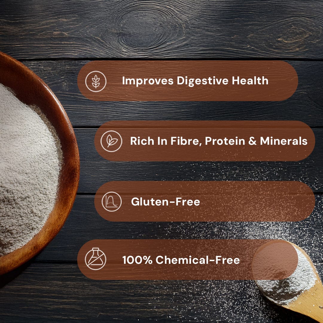 Safe Harvest Bajra Atta attributes, improves digestive health, rich in fibre protein and minerals, gluten-free, 100% chemical-free.