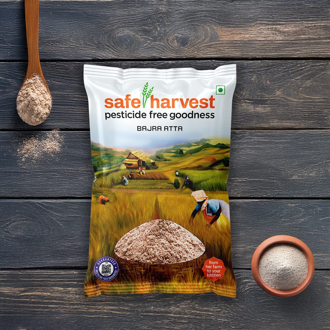 Safe Harvest Bajra Atta pearl millet flour pack, pesticide-free, gluten-free, NABL lab tested.