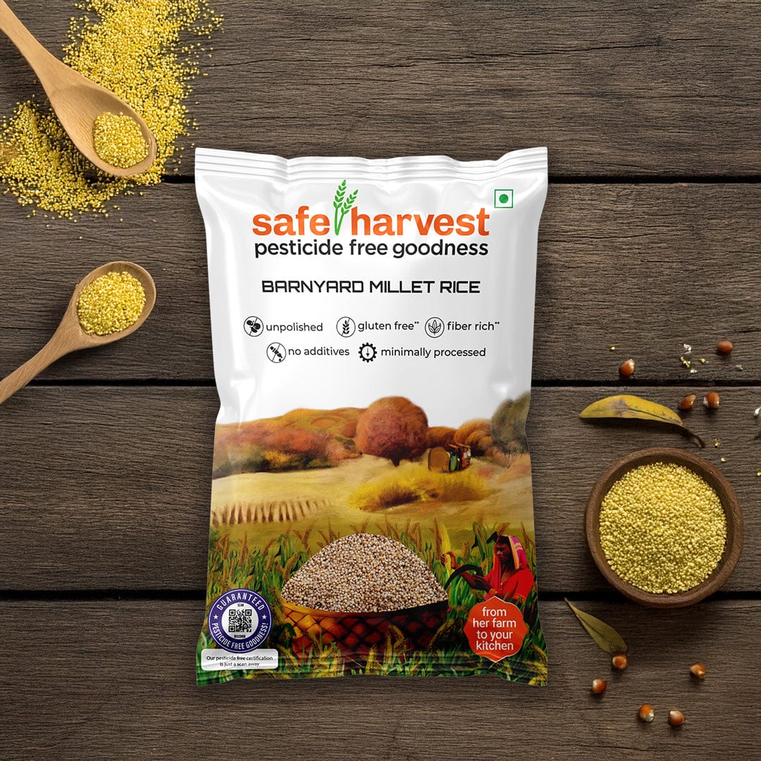 Safe Harvest barnyard millet kuthiravaali pack - pesticide-free, gluten-free, NABL lab tested unpolished millet rice