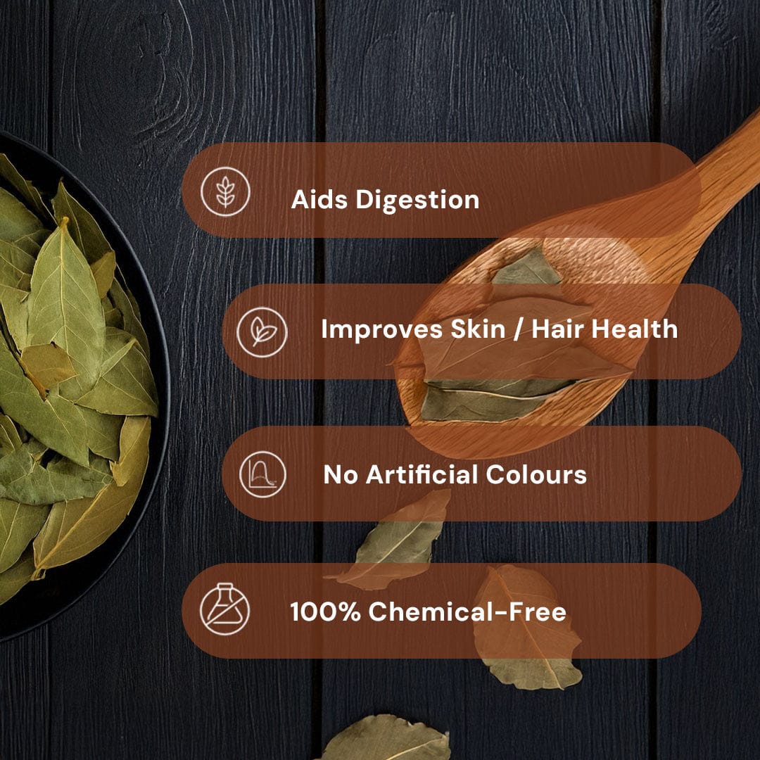 Safe Harvest Bay Leaf attributes, aids digestion, improves skin and hair health, no artificial colours, 100% chemical-free.