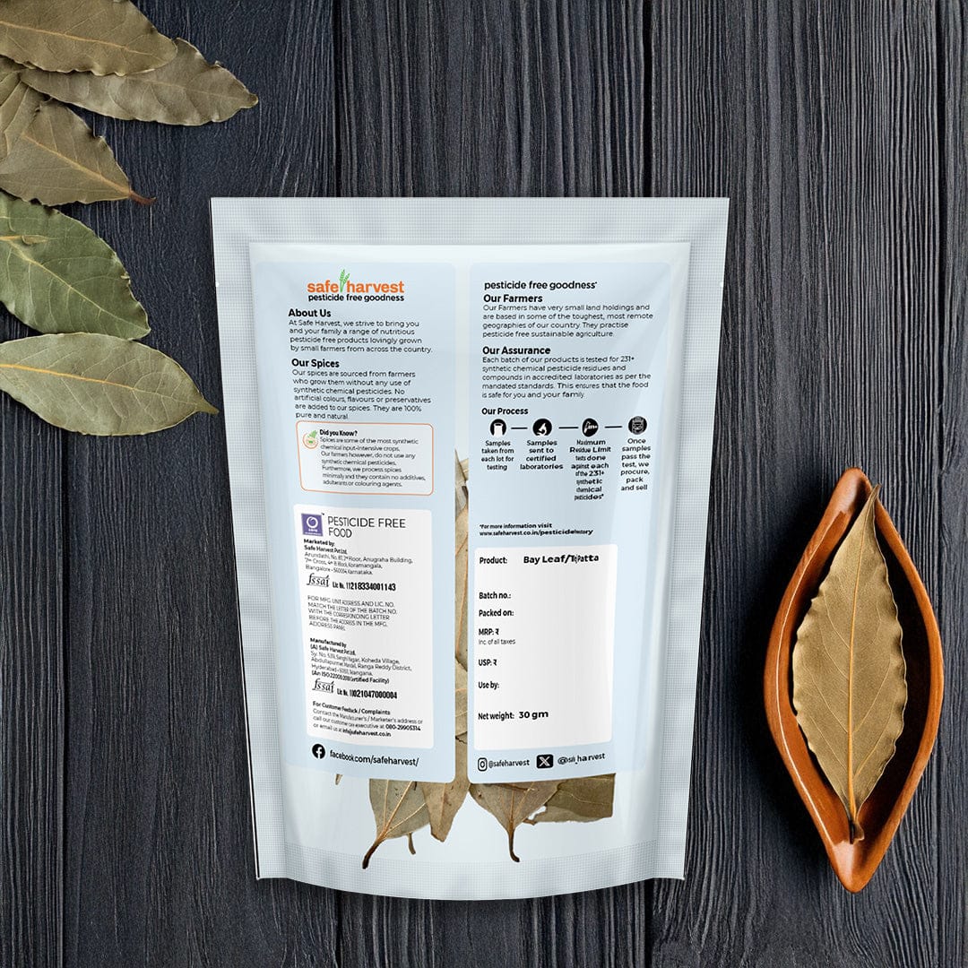 Safe Harvest Bay Leaf Tej Patta lab test report, 230+ pesticide residues tested every batch.