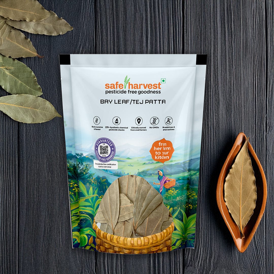 Safe Harvest Bay Leaf Tej Patta pack, pesticide-free, natural oils preserved, NABL lab tested.