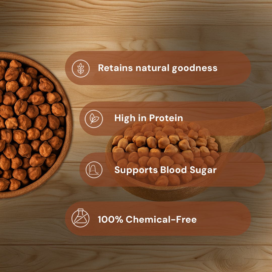 Safe Harvest Bengal Gram attributes, retains natural goodness, high in protein, supports blood sugar, 100% chemical-free.