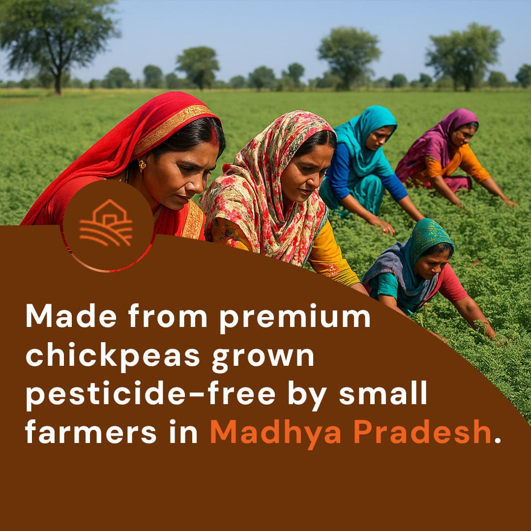 Safe Harvest Besan made from premium chickpeas grown pesticide-free by small farmers in Madhya Pradesh.