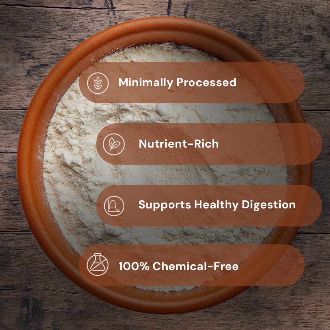 Safe Harvest Besan attributes, minimally processed, nutrient-rich, supports healthy digestion, 100% chemical-free.