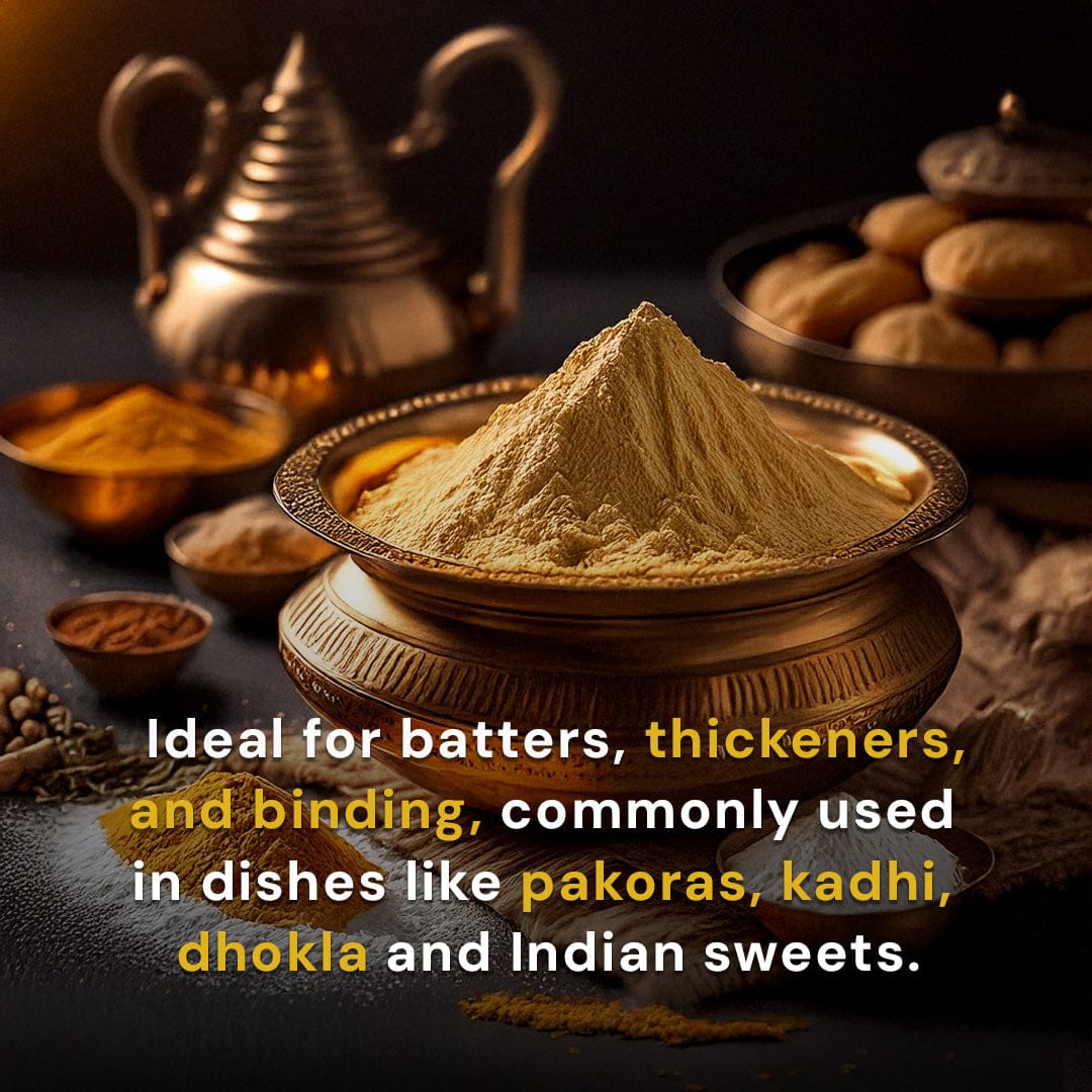 Safe Harvest pesticide-free Besan ideal for batters, thickeners and binding in pakoras, kadhi, dhokla and Indian sweets.