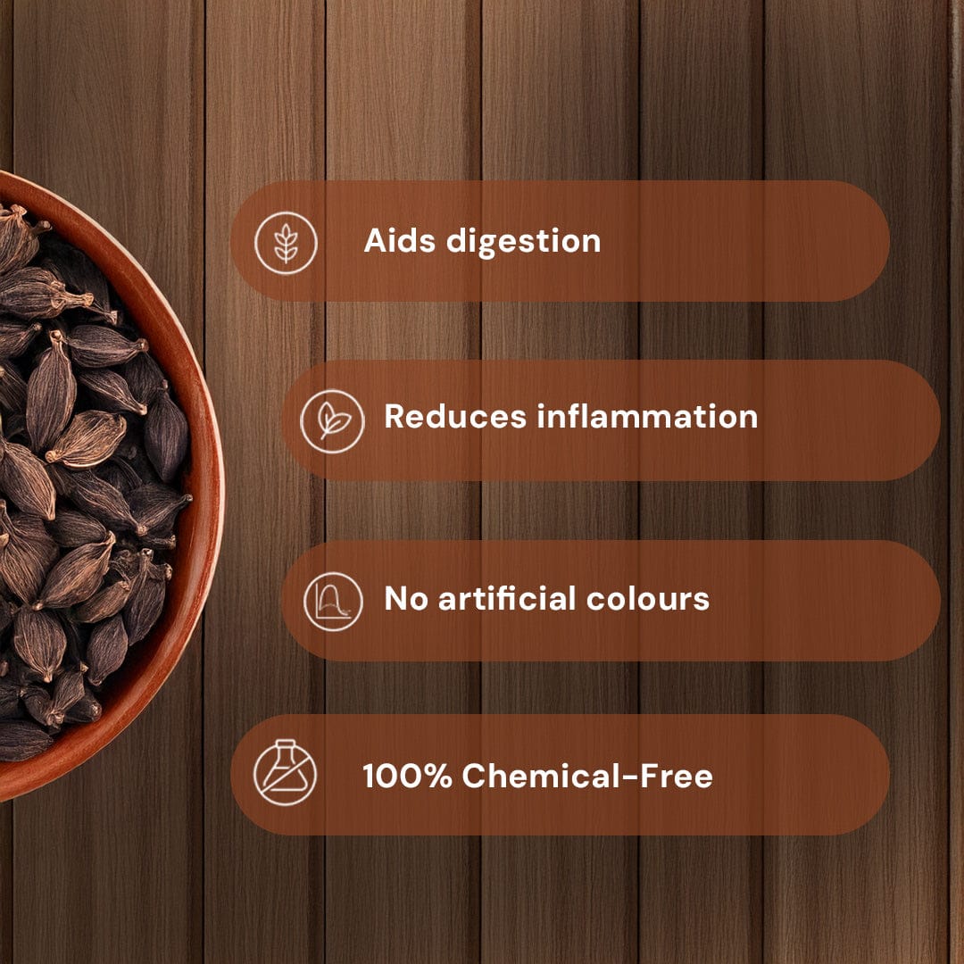 Safe Harvest Black Cardamom attributes, aids digestion, reduces inflammation, no artificial colours, 100% chemical-free.