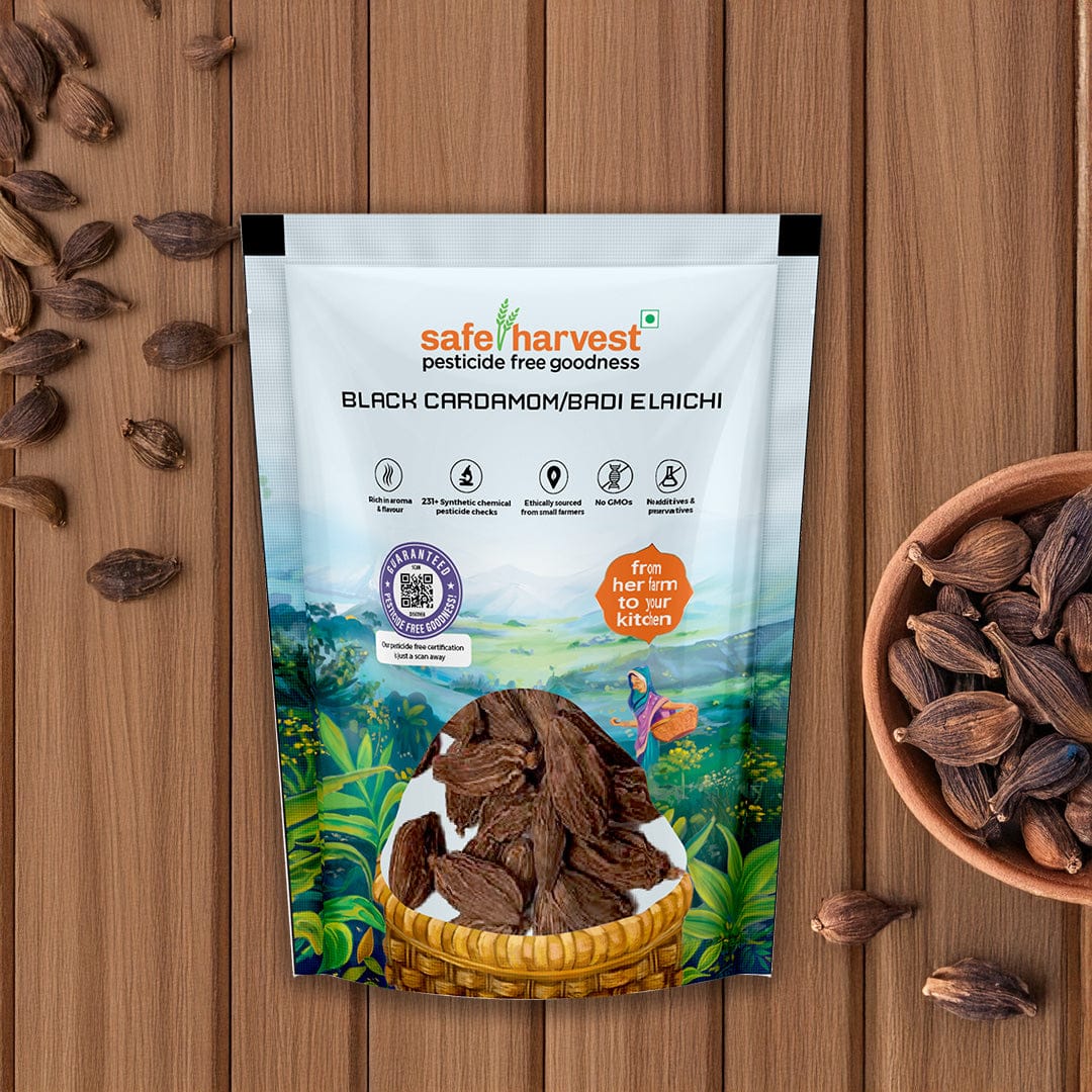 Safe Harvest Black Cardamom Badi Elaichi pack, pesticide-free, NABL lab tested, grown by Sikkim women farmers.