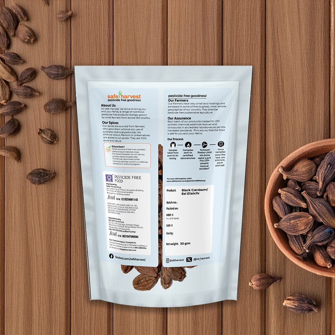 Safe Harvest Black Cardamom lab test report, 230+ pesticide residues tested every batch.