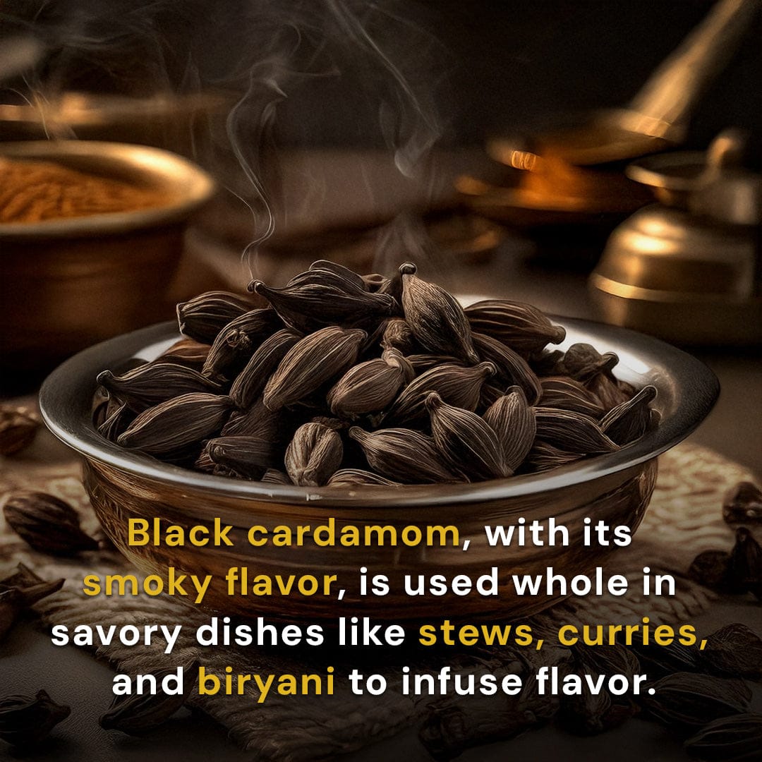 Safe Harvest pesticide-free Black Cardamom with smoky flavour used whole in stews, curries and biryani to infuse flavour.