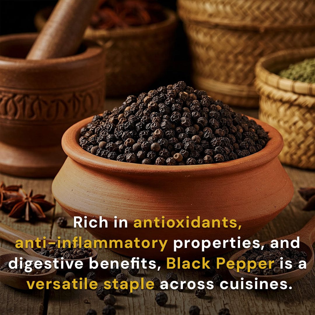 Safe Harvest pesticide-free black pepper rich in antioxidants and anti-inflammatory properties - versatile staple across cuisines.