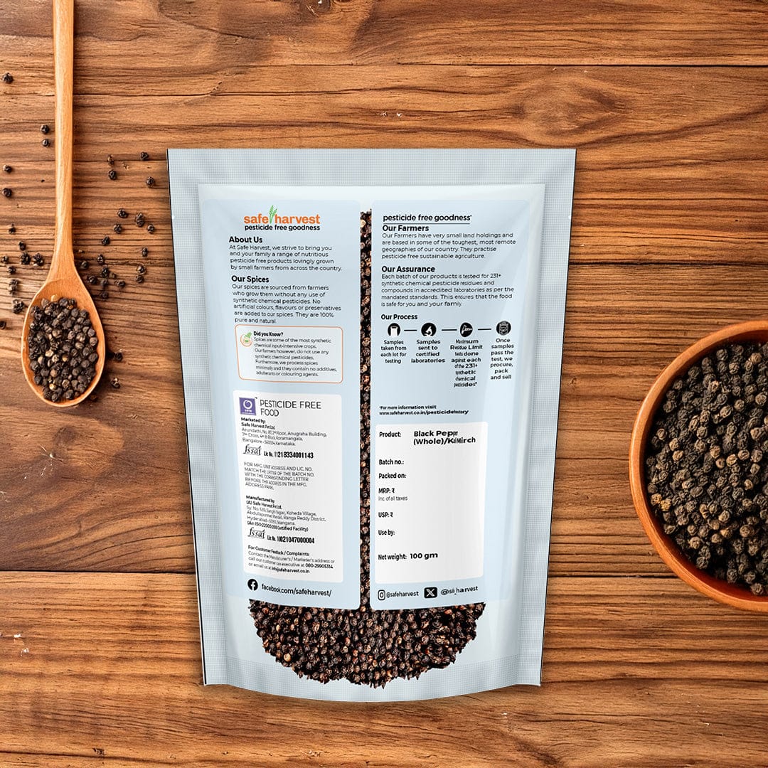 Safe Harvest whole black pepper lab test report - 230+ pesticide residues and heavy metals tested every batch.
