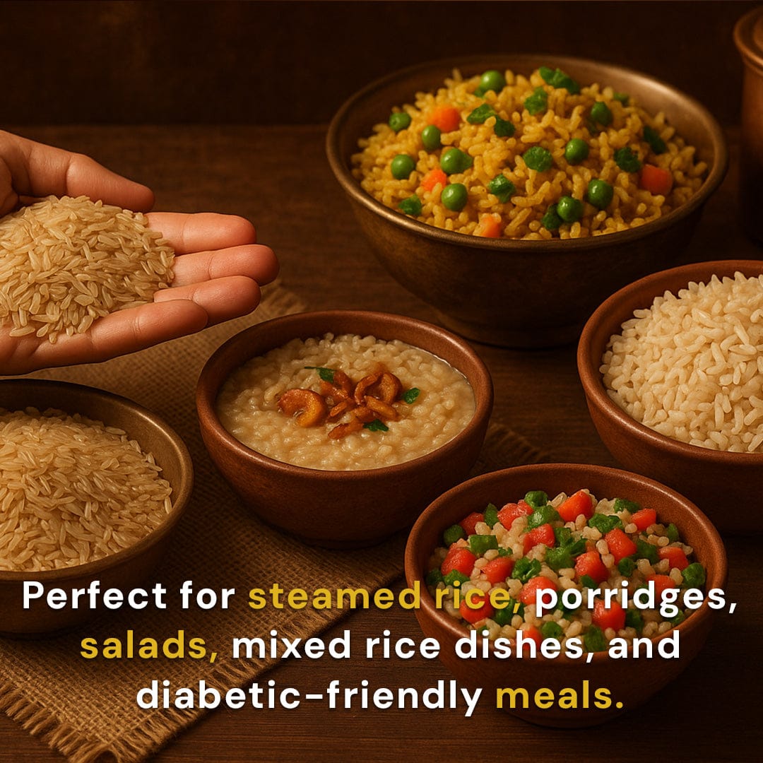 Safe Harvest pesticide-free Sona Masuri brown rice ideal for steamed rice, pulao, khichdi and diabetes-friendly meals