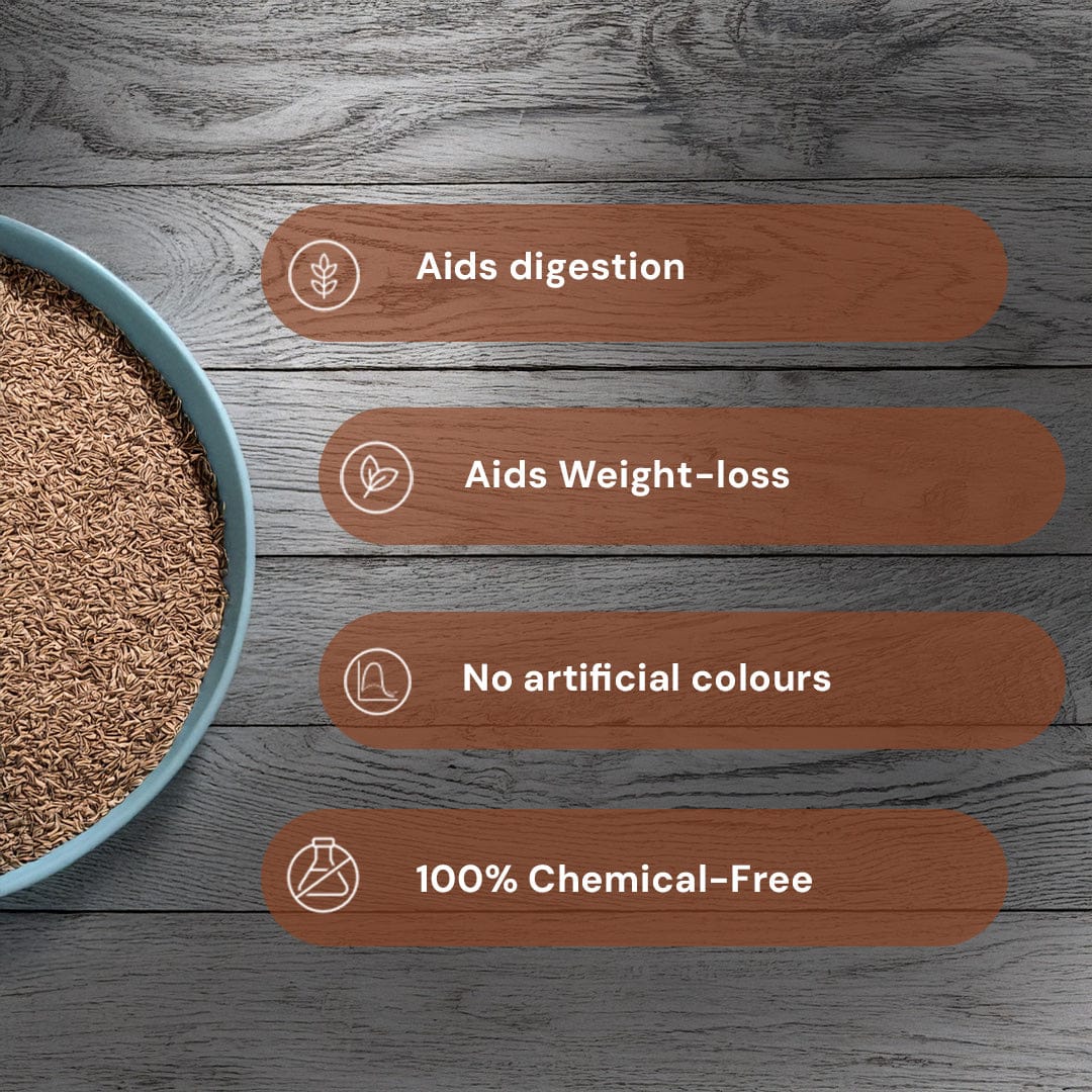 Safe Harvest Carom Seeds attributes, aids digestion, aids weight loss, no artificial colours, 100% chemical-free.