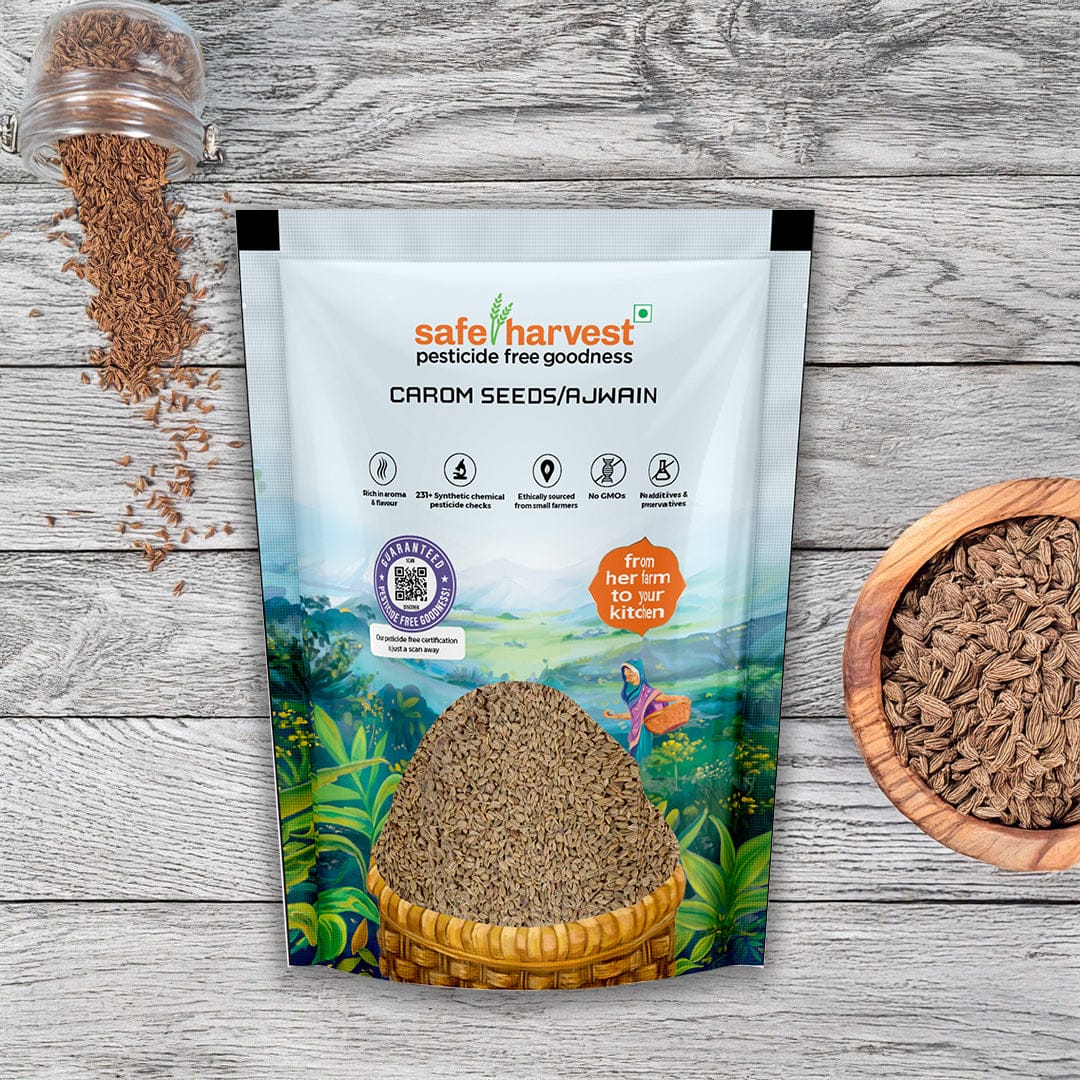 Safe Harvest Carom Seeds Ajwain pack, pesticide-free, anti-inflammatory, NABL lab tested from Kota Rajasthan.