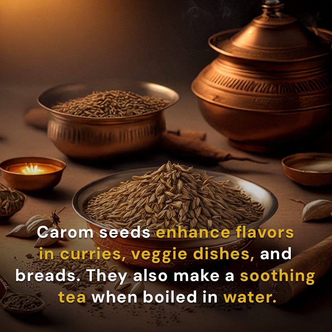 Safe Harvest pesticide-free Carom Seeds enhance curries, veggie dishes and breads, also make a soothing tea when boiled in water.