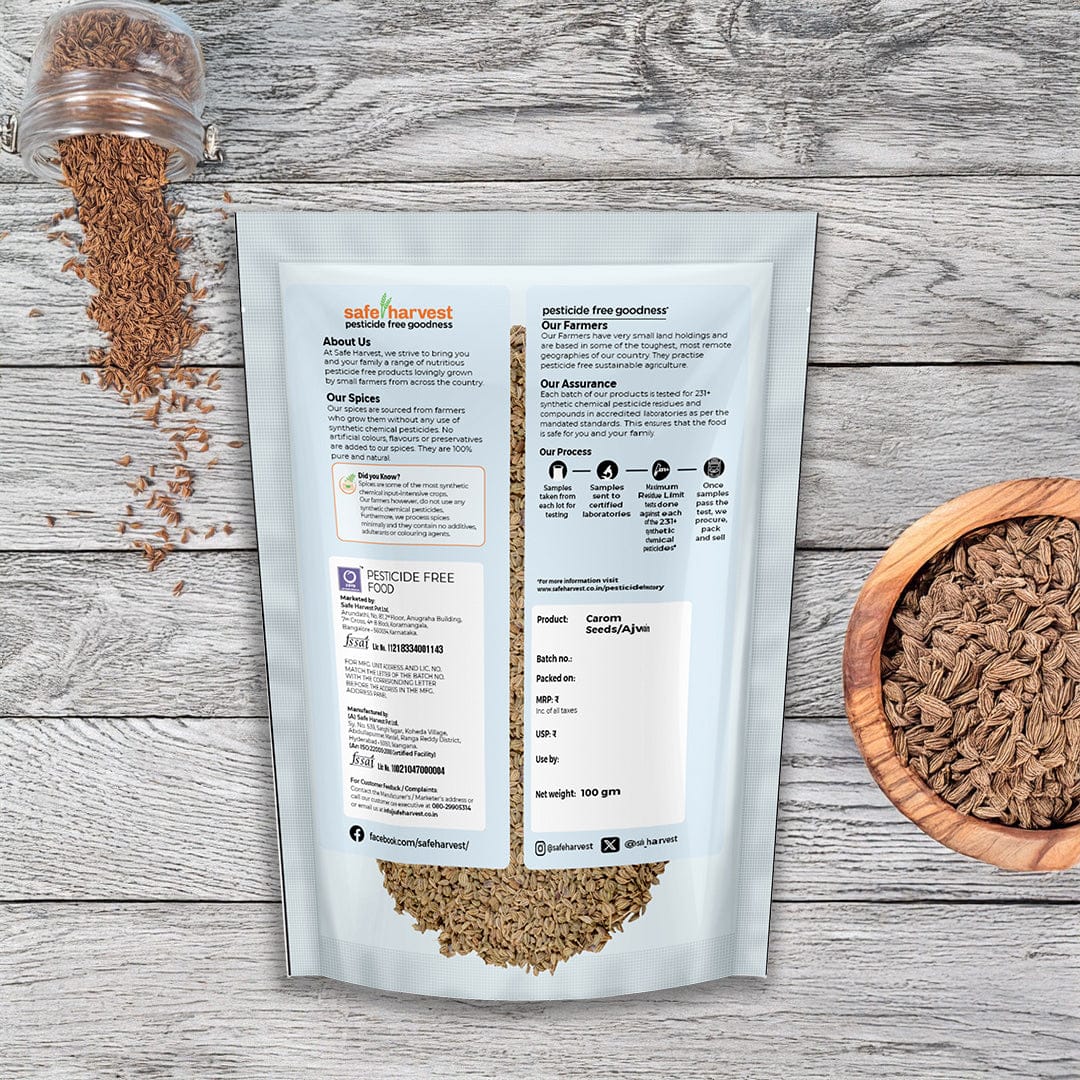 Safe Harvest Carom Seeds Ajwain lab test report, 230+ pesticide residues tested every batch.