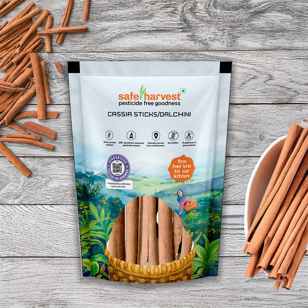 Safe Harvest Cassia Cinnamon Sticks Dalchini pack, pesticide-free, NABL lab tested, grown by women farmers.