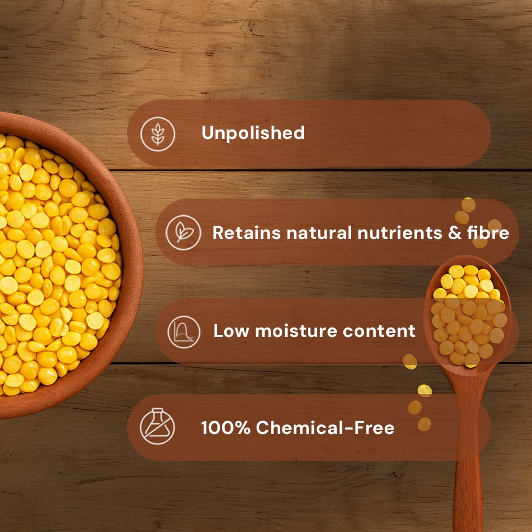 Safe Harvest Chana Dal attributes, retains natural nutrients, high protein, supports heart health, chemical-free.