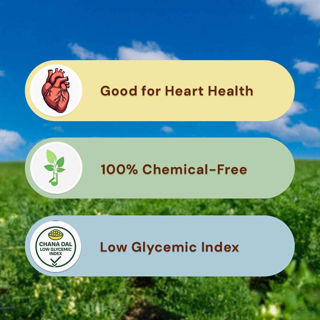 Safe Harvest Chana Dal attributes, retains natural nutrients, high protein, supports heart health, chemical-free.