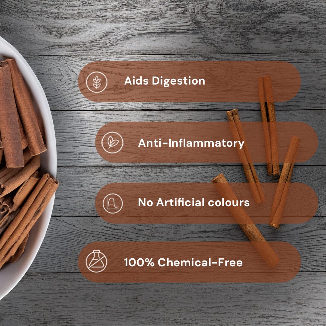 Safe Harvest Cassia Cinnamon Sticks attributes, aids digestion, anti-inflammatory, no artificial colours, 100% chemical-free.