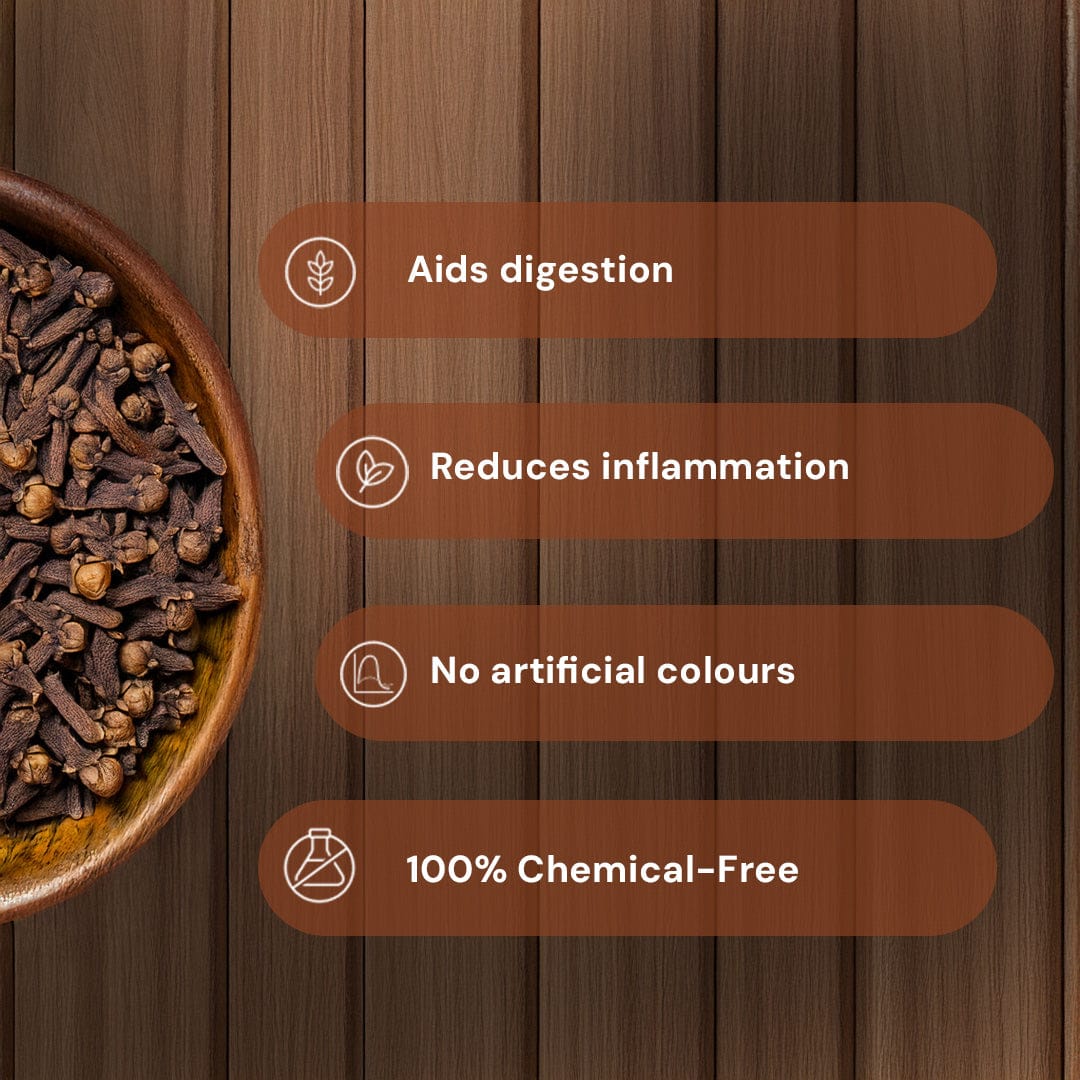 Safe Harvest pesticide-free cloves aids digestion, reduces inflammation, no artificial colours, 100 percent chemical-free.