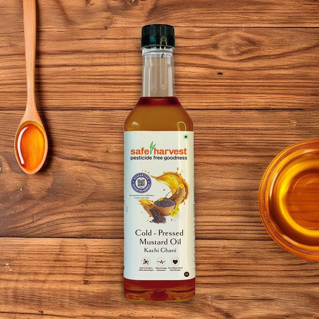Safe Harvest cold-pressed mustard oil kachi ghani — NABL lab tested, pesticide-free pure sarson ka tel