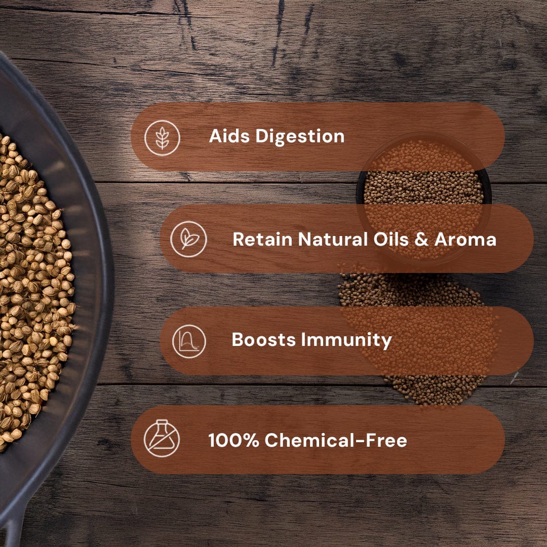Safe Harvest pesticide-free coriander seeds aids digestion retains natural oils and aroma boosts immunity 100% chemical-free.