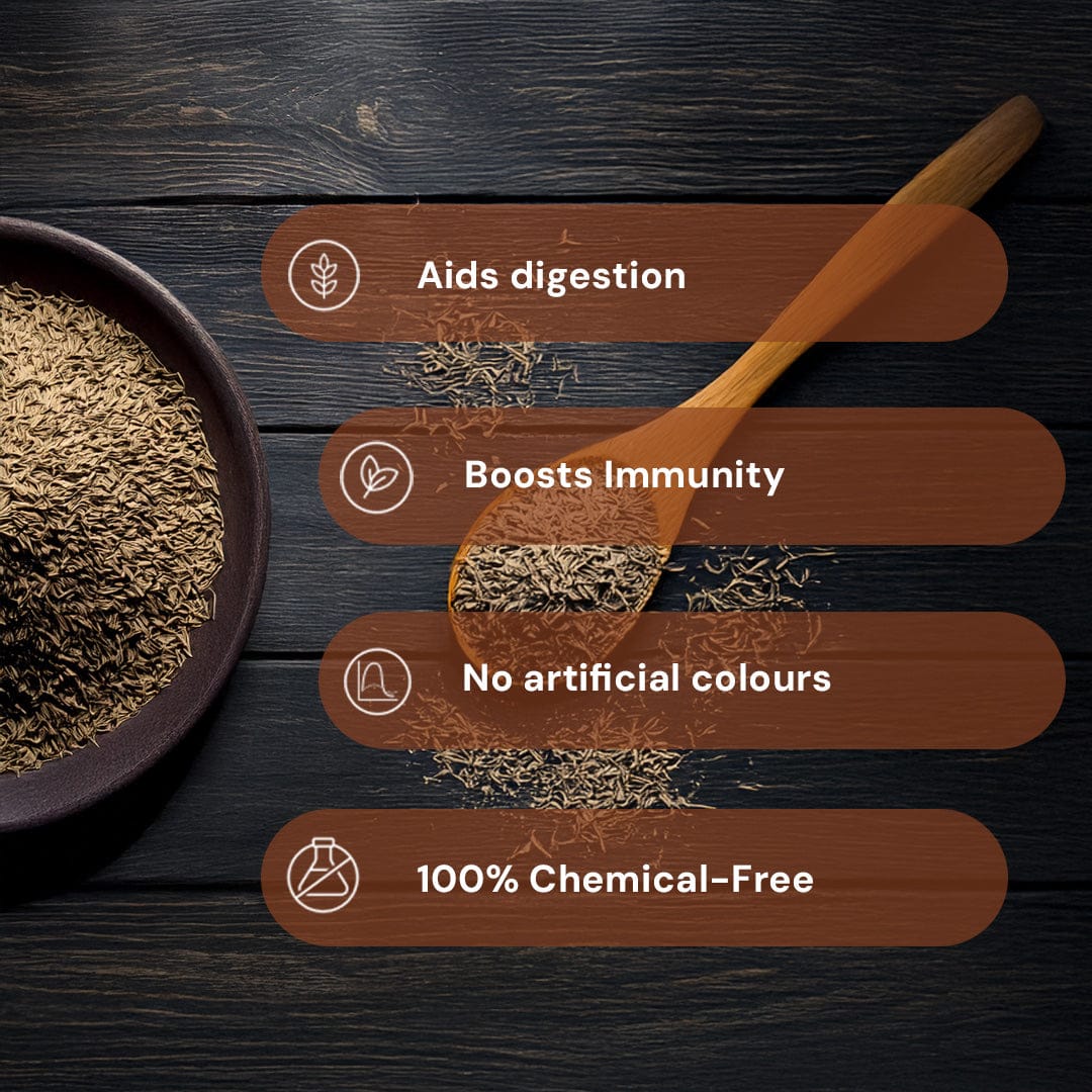 Safe Harvest whole cumin seeds attributes - aids digestion, boosts immunity, no artificial colours, 100% chemical-free
