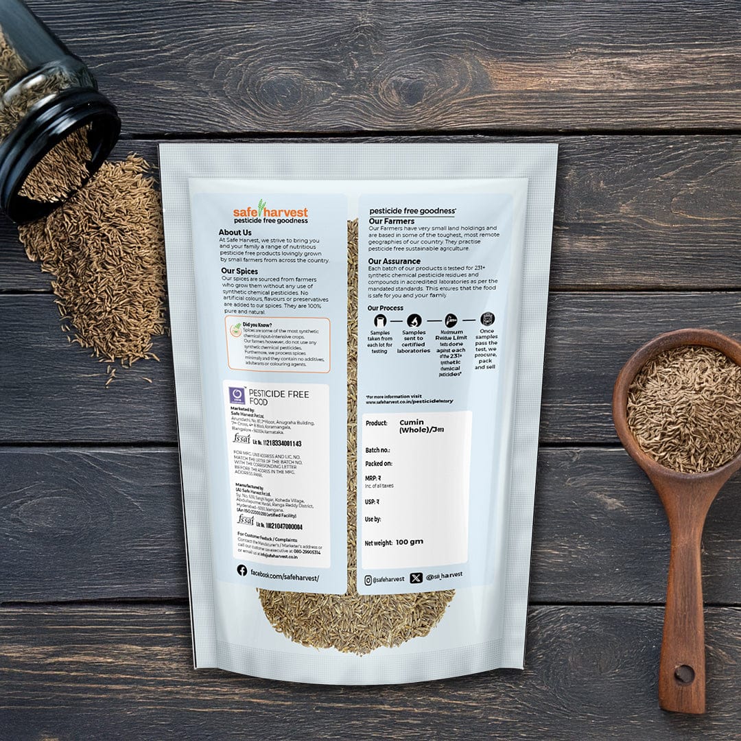 Safe Harvest whole cumin seeds lab test report - 230+ pesticide residues tested every batch.