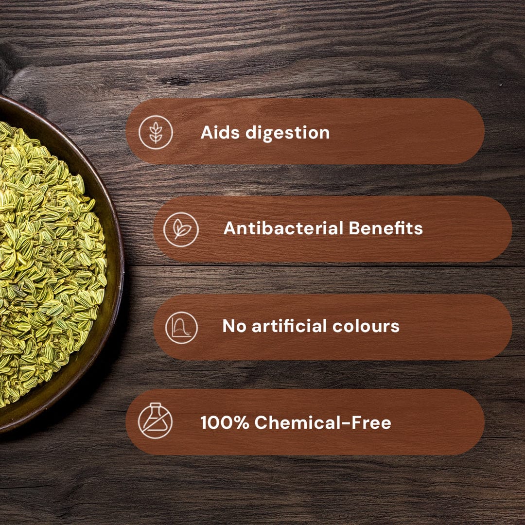 Safe Harvest pesticide-free fennel seeds aids digestion antibacterial benefits no artificial colours 100% chemical-free.