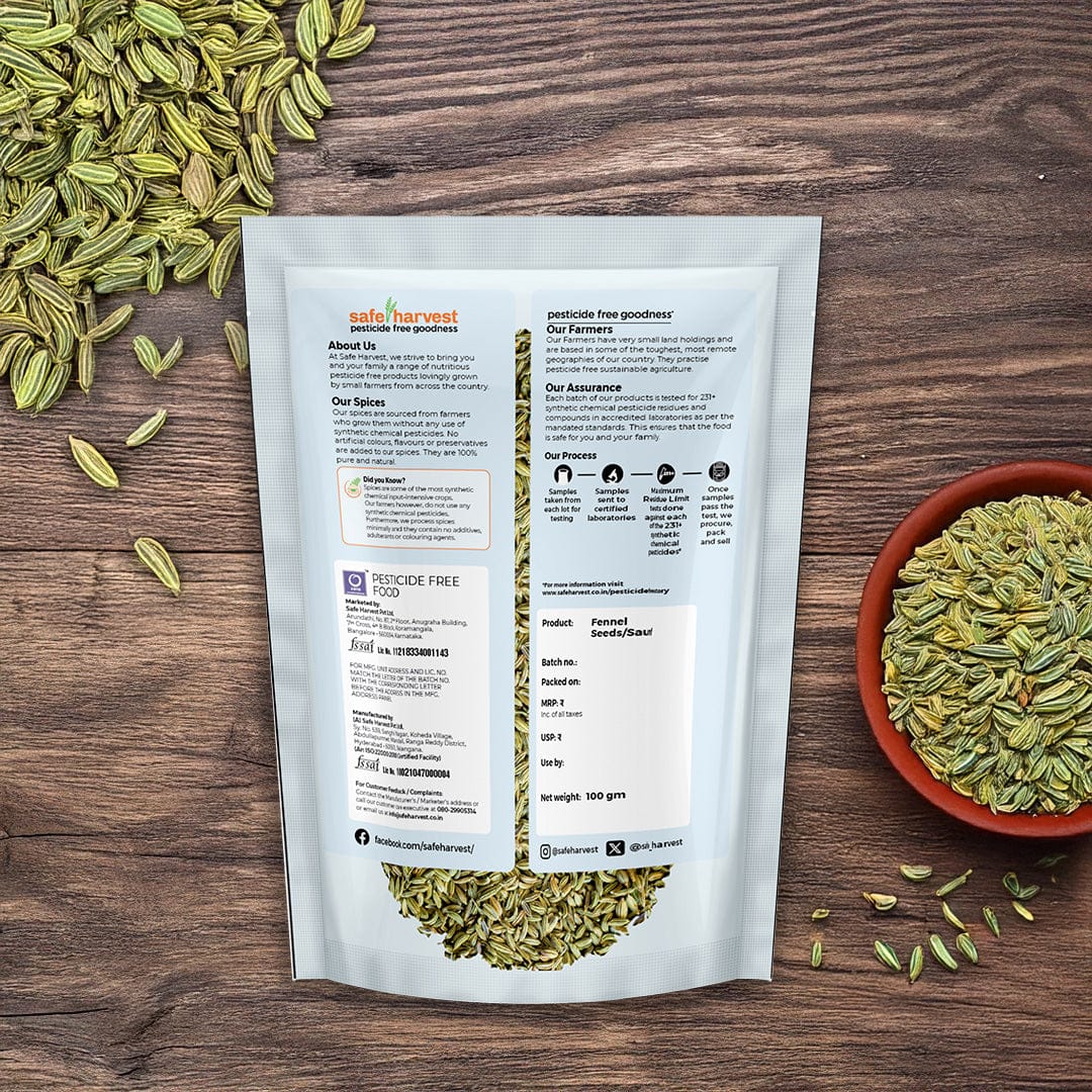 Safe Harvest pesticide-free fennel seeds saunf nutrition label and ingredient panel.