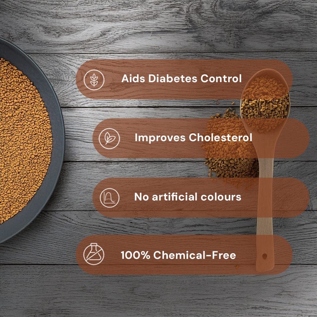 Safe Harvest pesticide-free fenugreek seeds aids diabetes control improves cholesterol no artificial colours 100% chemical-free.