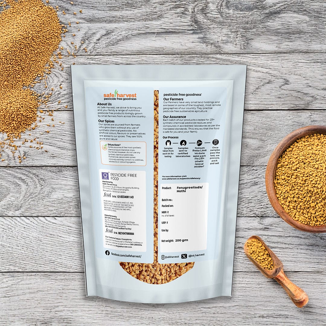 Safe Harvest pesticide-free fenugreek seeds methi dana nutrition label and ingredient panel.