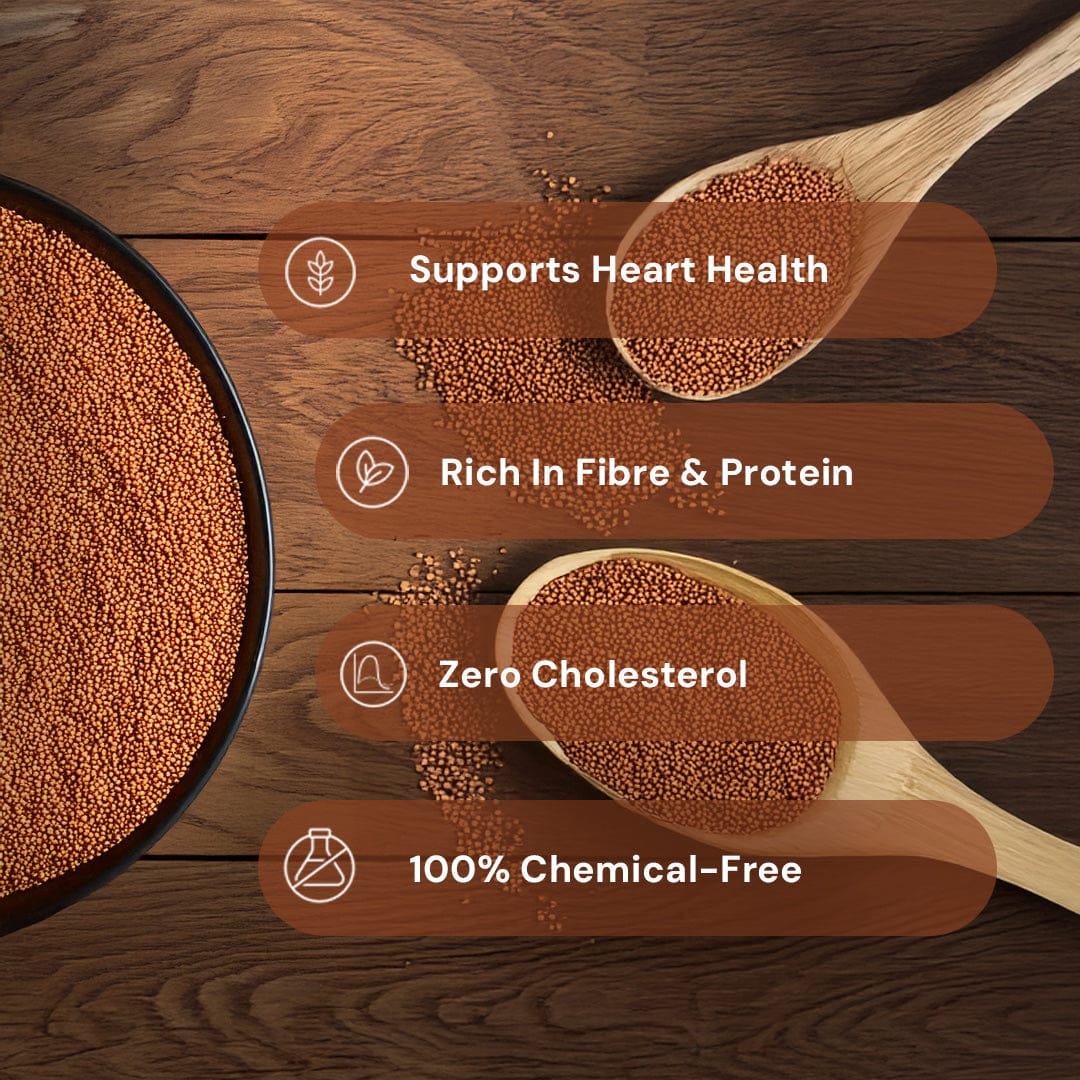 Safe Harvest Foxtail Millet attributes, supports heart health, rich in fibre and protein, zero cholesterol, 100% chemical-free.