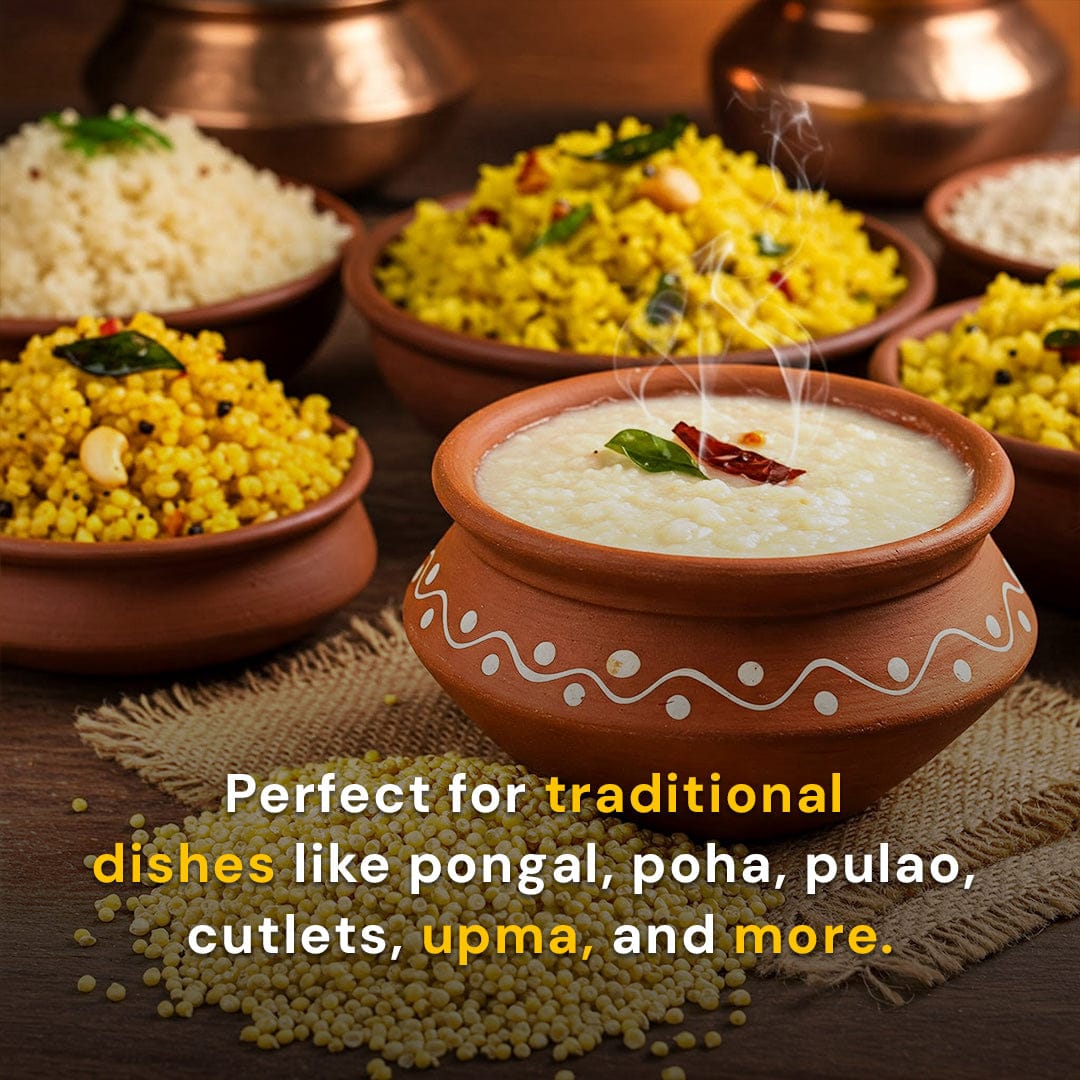 Safe Harvest pesticide-free Foxtail Millet perfect for traditional dishes like pongal, poha, pulao, cutlets and upma.