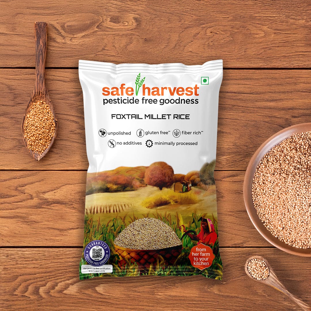 Safe Harvest Foxtail Millet Rice Thinai pack, pesticide-free, unpolished, NABL lab tested gluten-free millet.