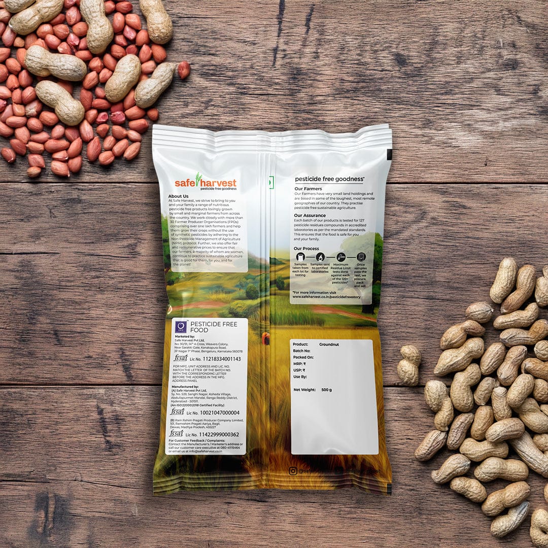 Safe Harvest groundnuts lab test report — 230+ pesticide residues and aflatoxin tested every batch.