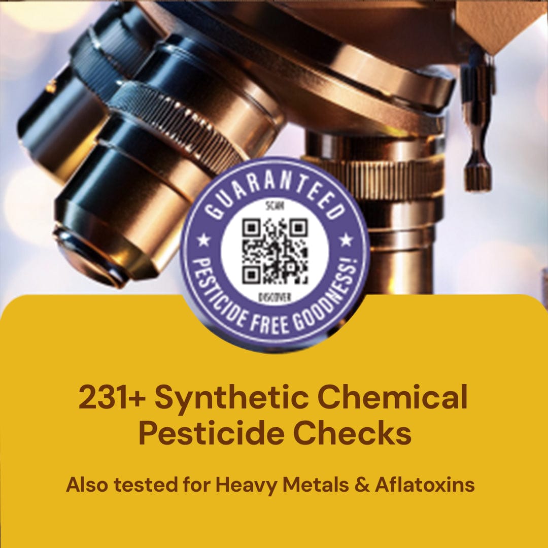 Safe Harvest jaggery powder 231+ synthetic chemical pesticide checks - also tested for heavy metals and aflatoxins