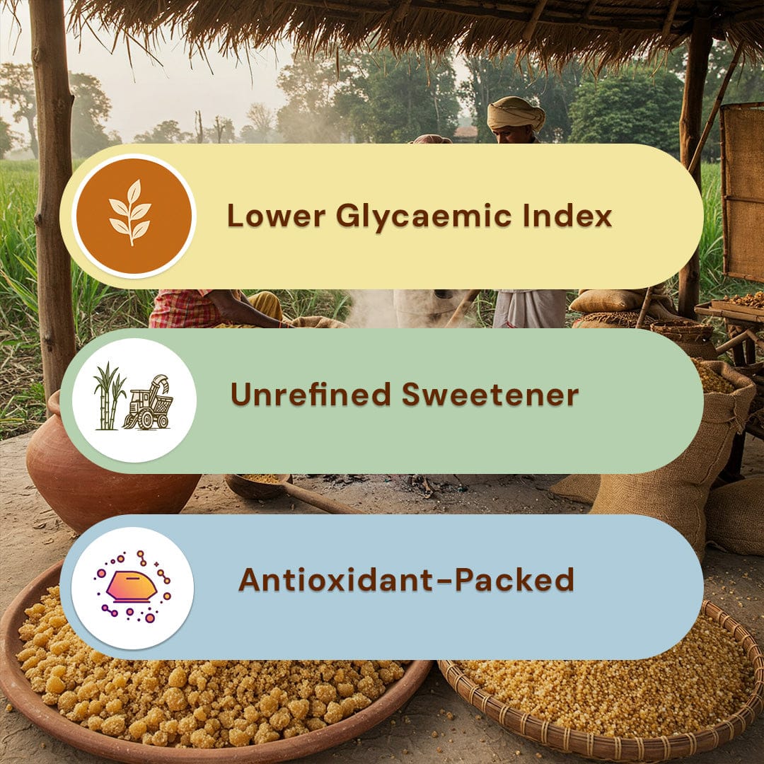 Safe Harvest jaggery powder benefits -- lower glycaemic index, unrefined sweetener, antioxidant-packed.