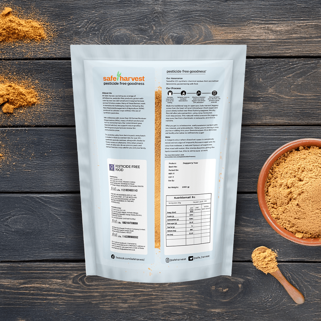 Safe Harvest jaggery powder lab test report - 230+ pesticide residues, heavy metals and aflatoxins tested every batch.