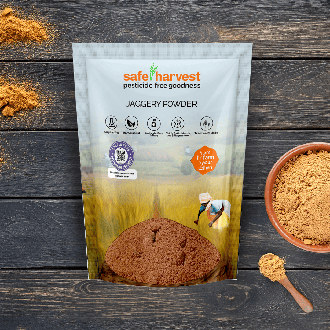 Safe Harvest jaggery powder pack -- unrefined, pesticide-free natural sweetener, NABL lab tested.