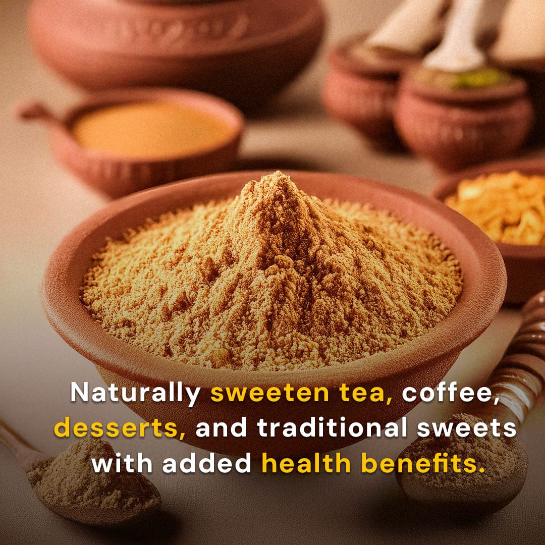 Safe Harvest pesticide-free jaggery powder to naturally sweeten tea, coffee, desserts and traditional Indian sweets.