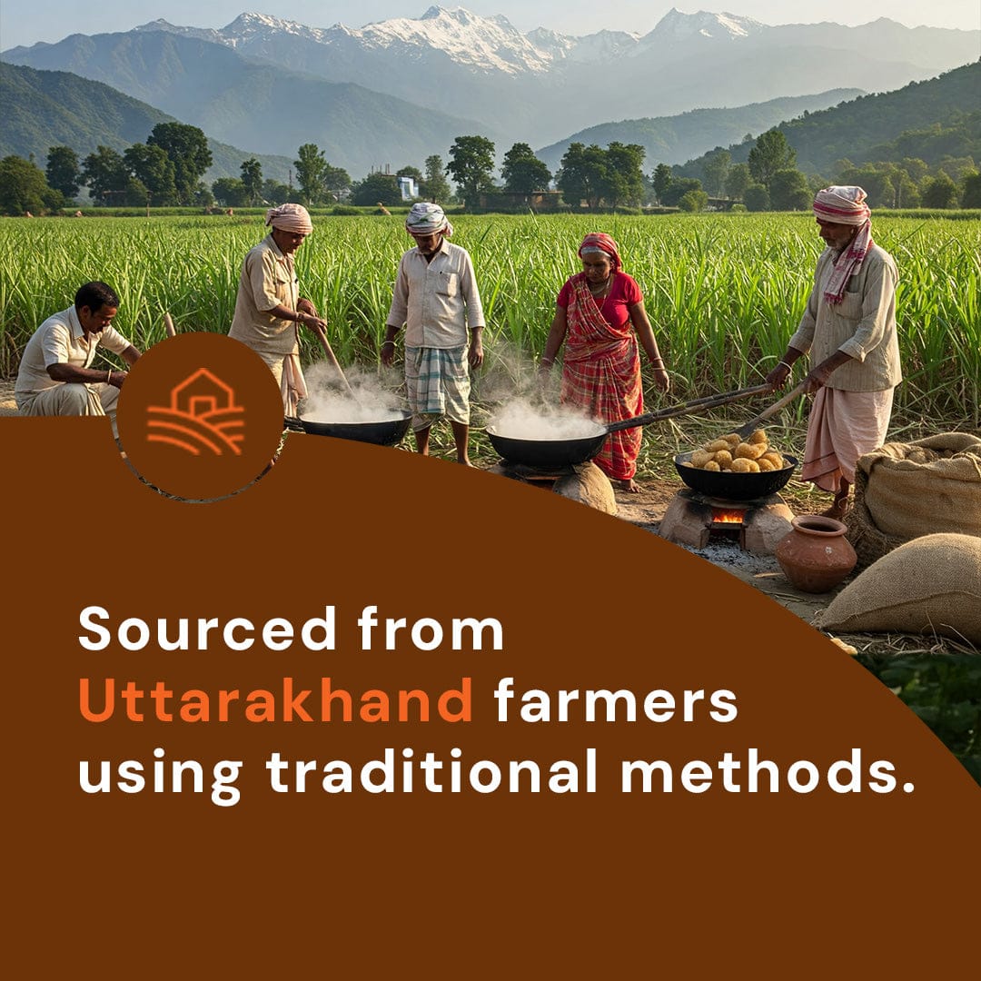 Safe Harvest jaggery powder sourced from Uttarakhand farmers using traditional pesticide-free methods.