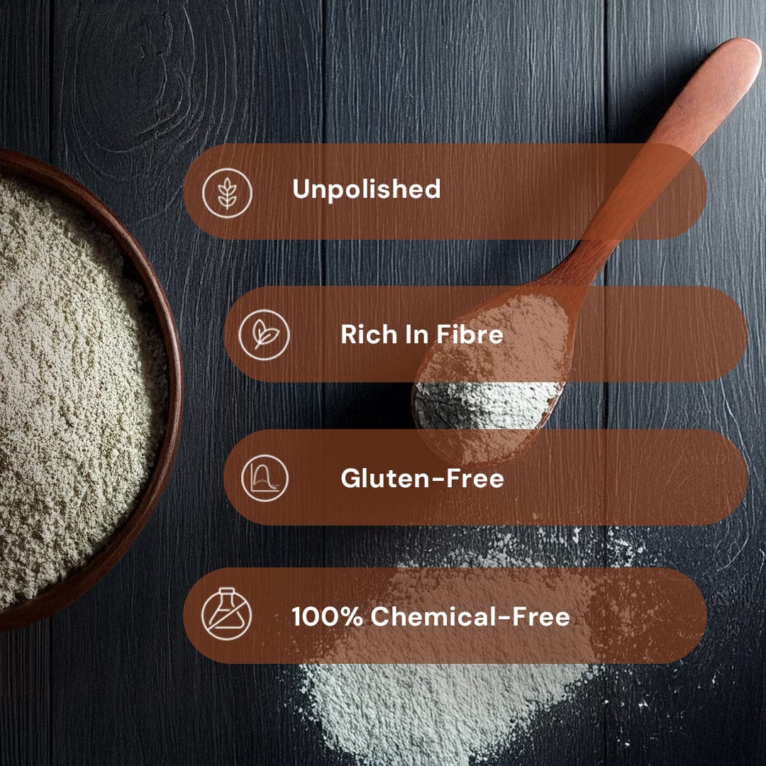 Safe Harvest Jowar Atta attributes, unpolished, rich in fibre, gluten-free, 100% chemical-free.