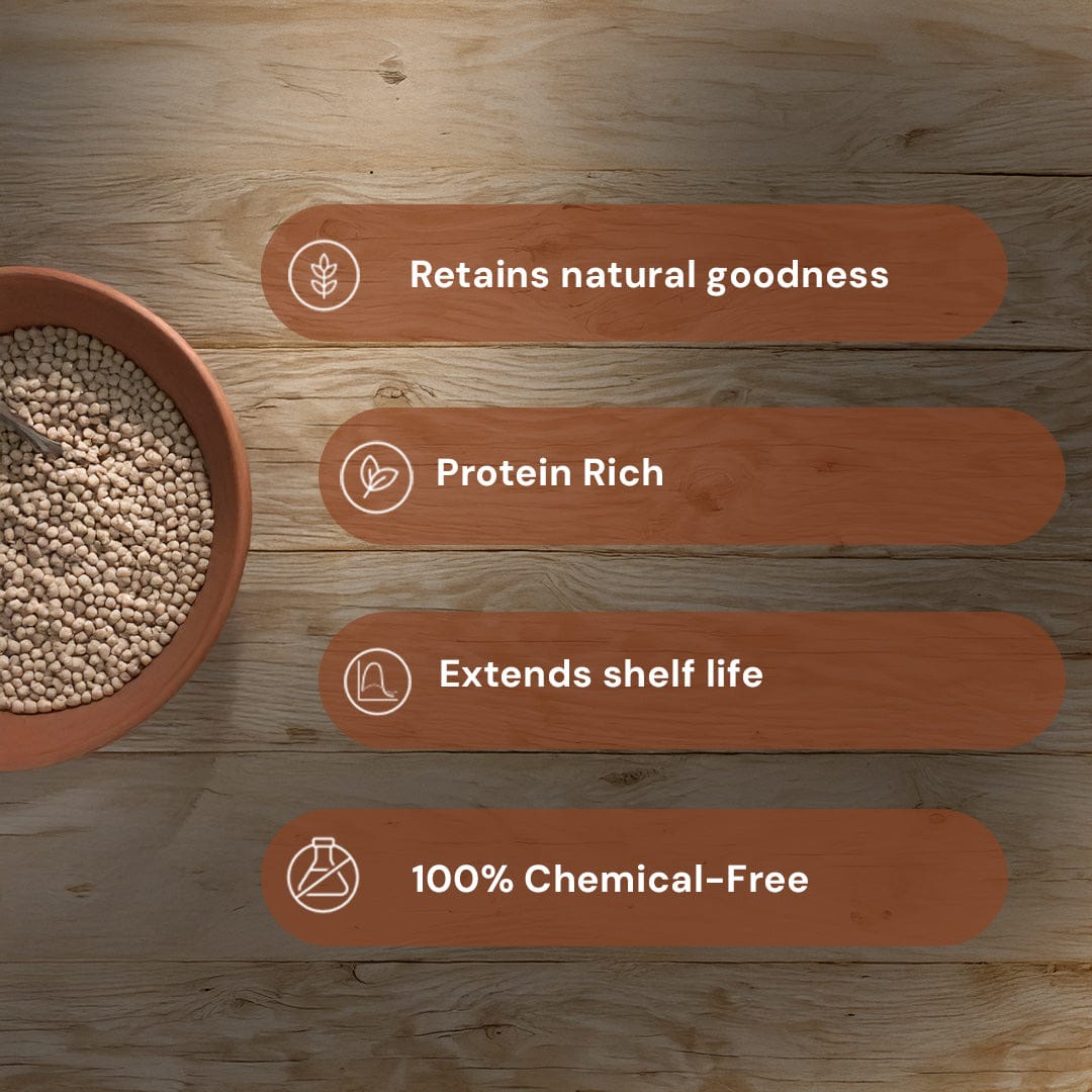 Safe Harvest pesticide-free kabuli chana retains natural goodness protein rich extends shelf life 100% chemical-free.