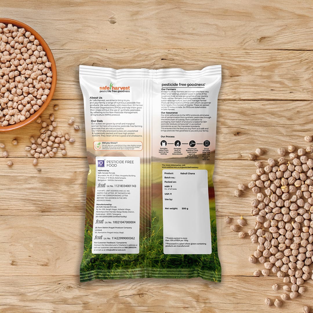 Safe Harvest pesticide-free unpolished kabuli chana nutrition label and ingredient panel.
