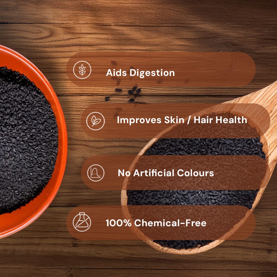 Safe Harvest pesticide-free kalonji seeds aids digestion improves skin and hair health no artificial colours 100% chemical-free.